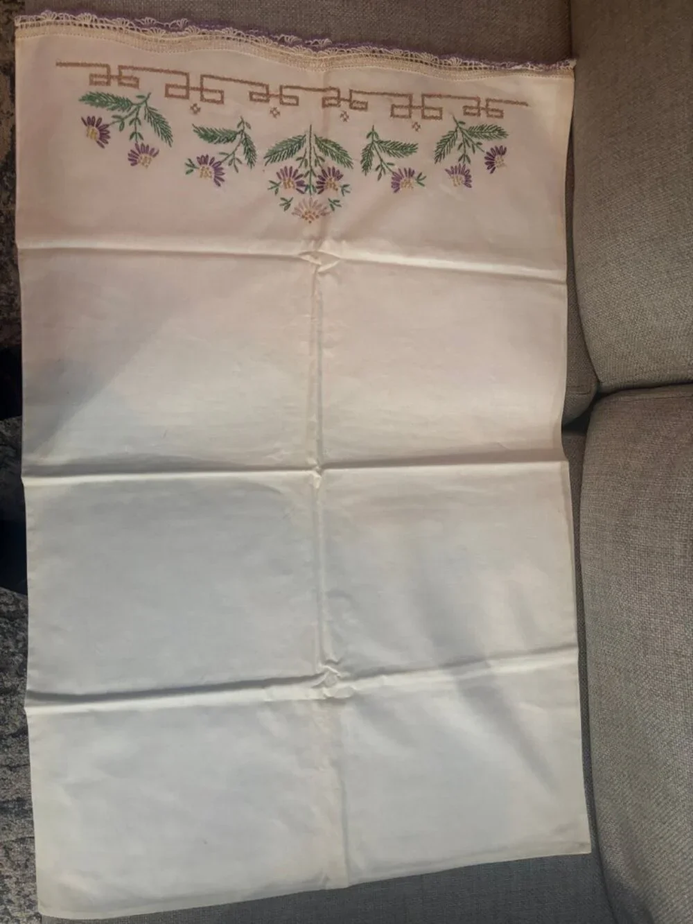Vintage Hand Embroidered Floral Pillowcase - Purple Daisy Crochet Lace Edge
